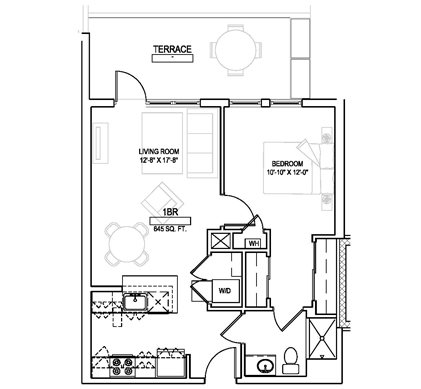 One bed/One bath - 645 sqft. Floor Plan 1